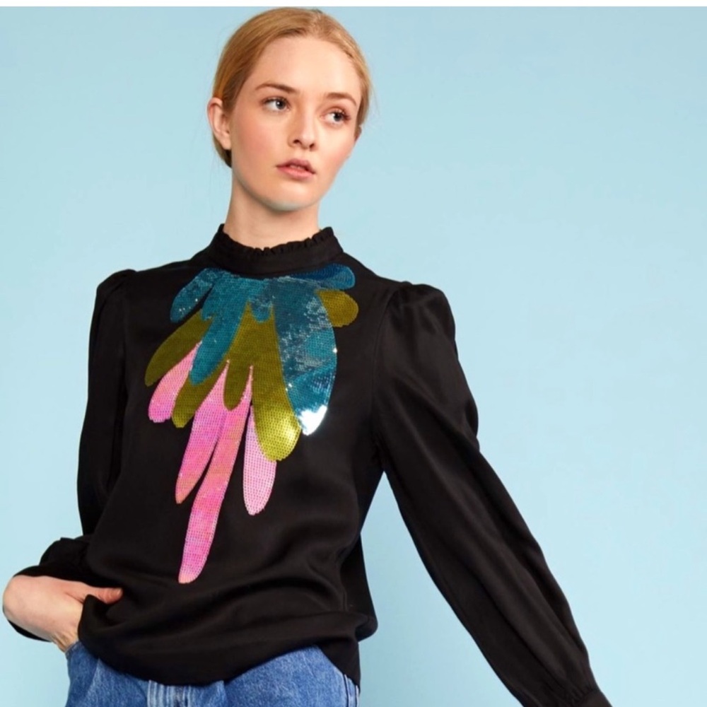 Cynthia Rowley Black Puff Sleeve Blouse with Graphic Design